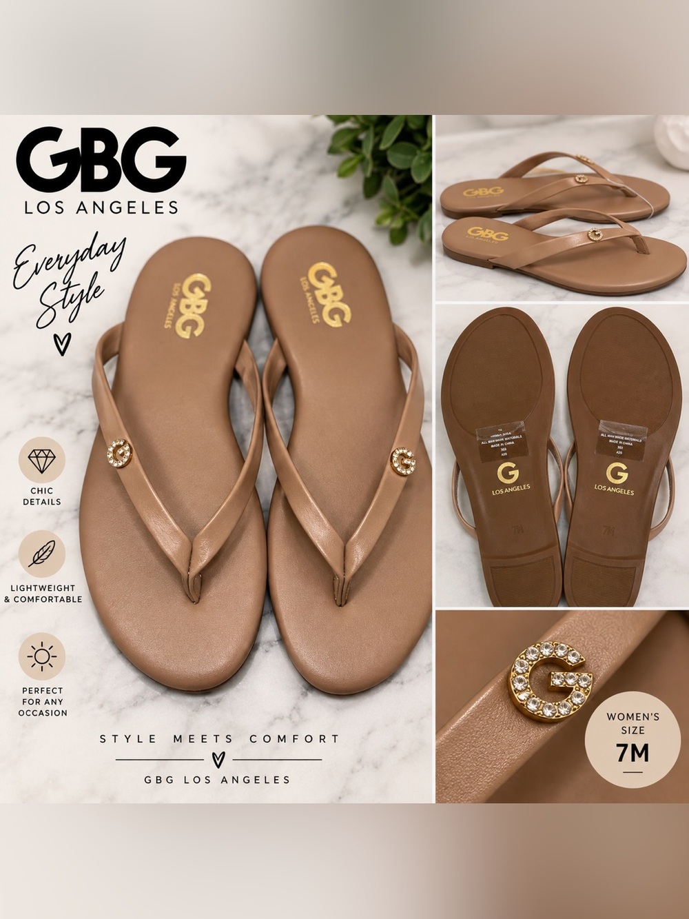 GBG Los Angeles Tan Flip Flop Sandals with Gold G Accent